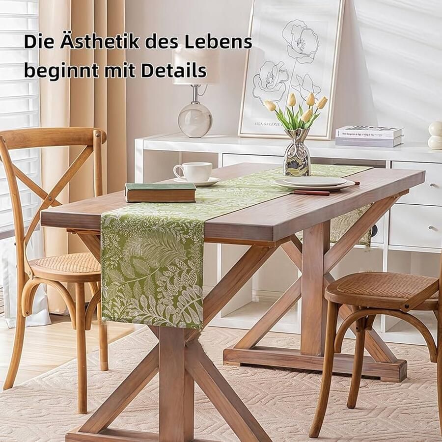 Tafelloper groene bladplanten moderne linnenlook 1 stuk 33 x 183 cm