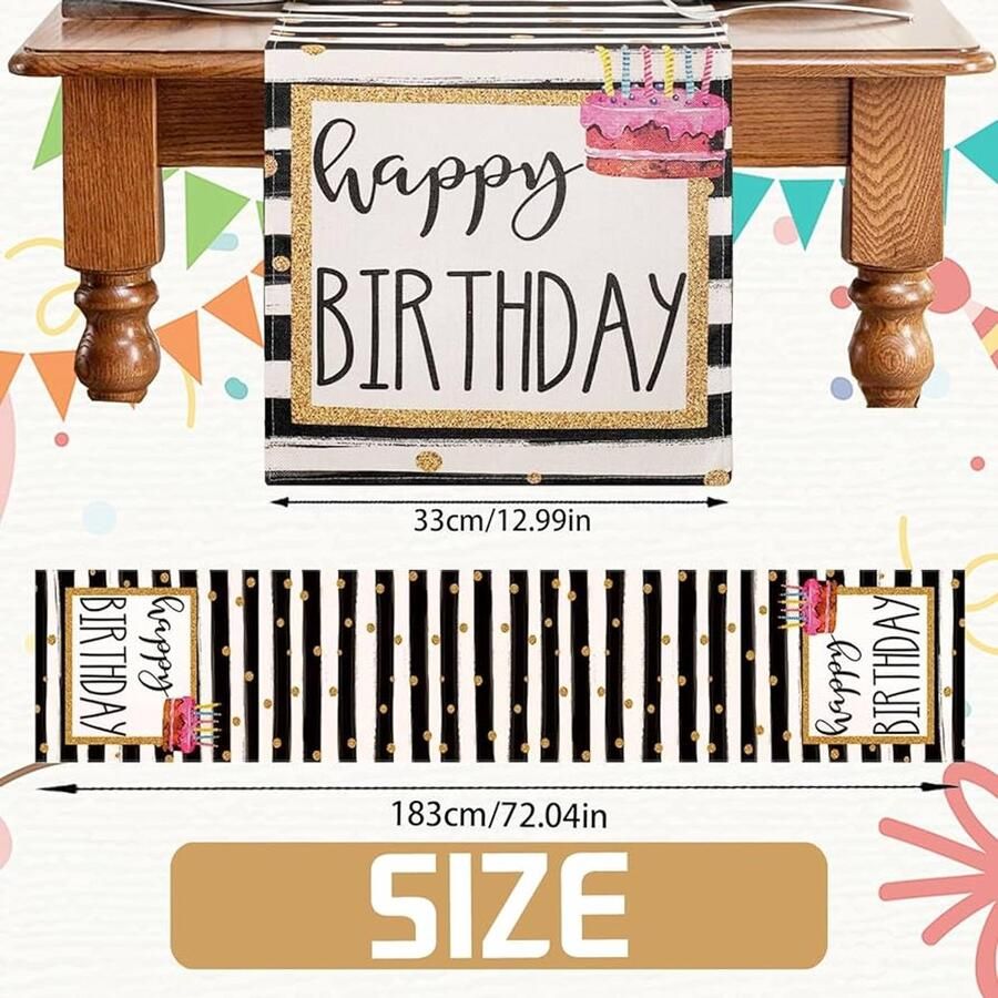 Tafelloper Happy Birthday Zwart Goud Linnen 183 x 33 cm