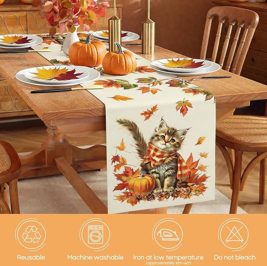 Tafelloper herfst 40 x 140 cm schattige kat herfstdecoratie