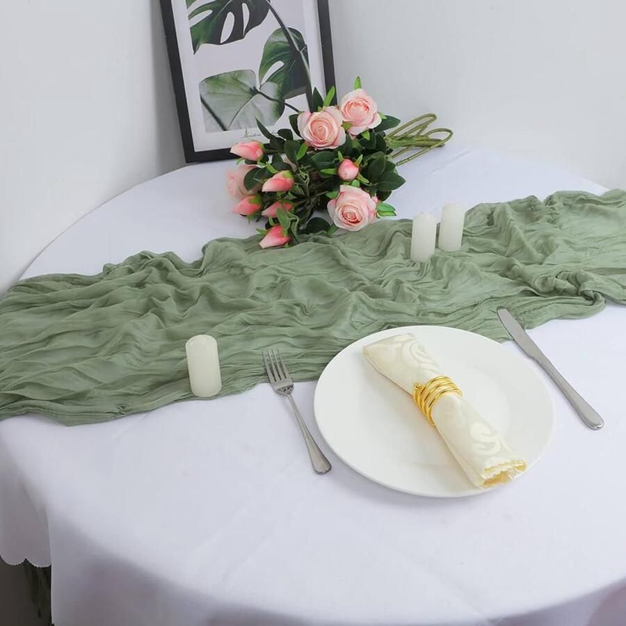 Tafelloper kaasdoek saliegroen rustiek en boho 1 stuk 90 x 300 cm