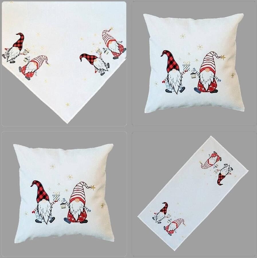 Tafelloper kerstmis wolwit geborduurd met kabouters 1 stuk polyester 85 x 85 cm