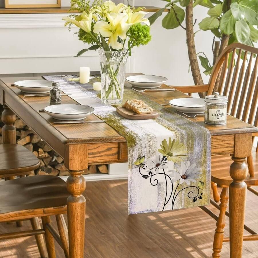 Tafelloper Lente Geel met bloemen 1 stuk Polyester 40 x 140 cm