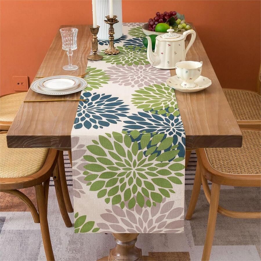 Linnen Tafelloper met Lente Dahlia's Elegante Woondecoratie 1 stuk 40 x 140 cm