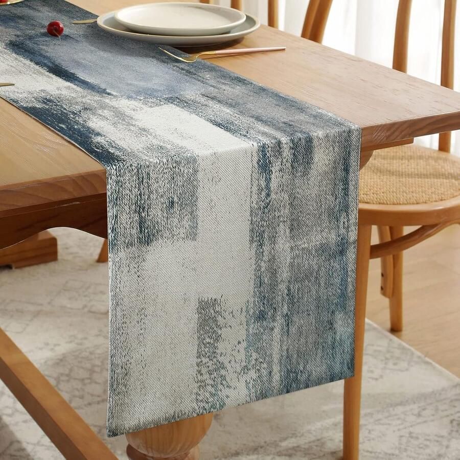 Tafelloper marineblauw en grijs retro tafelkleed voor evenementen 1 stuk 33 cm x 183 cm