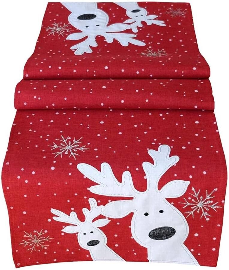 Tafelloper met eland en rendier kerstversiering 1 stuk rood polyester 40 x 140 cm