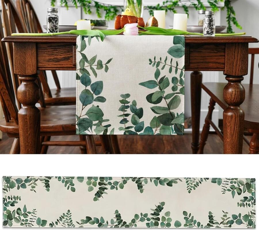 Tafelloper met Eucalyptusbladpatroon Creatief en Duurzaam 1 stuk Groen Polyester 40 x 140 cm