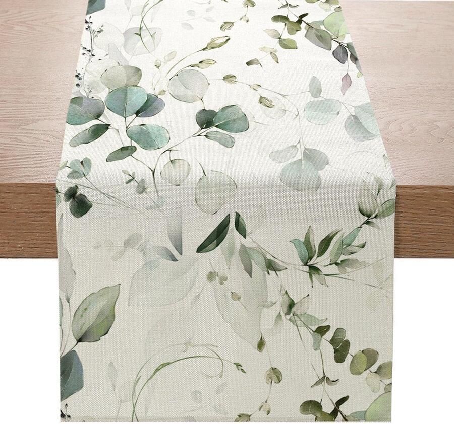 Tafelloper met groene plantenprint 1 stuk groen linnen 140 x 40 cm