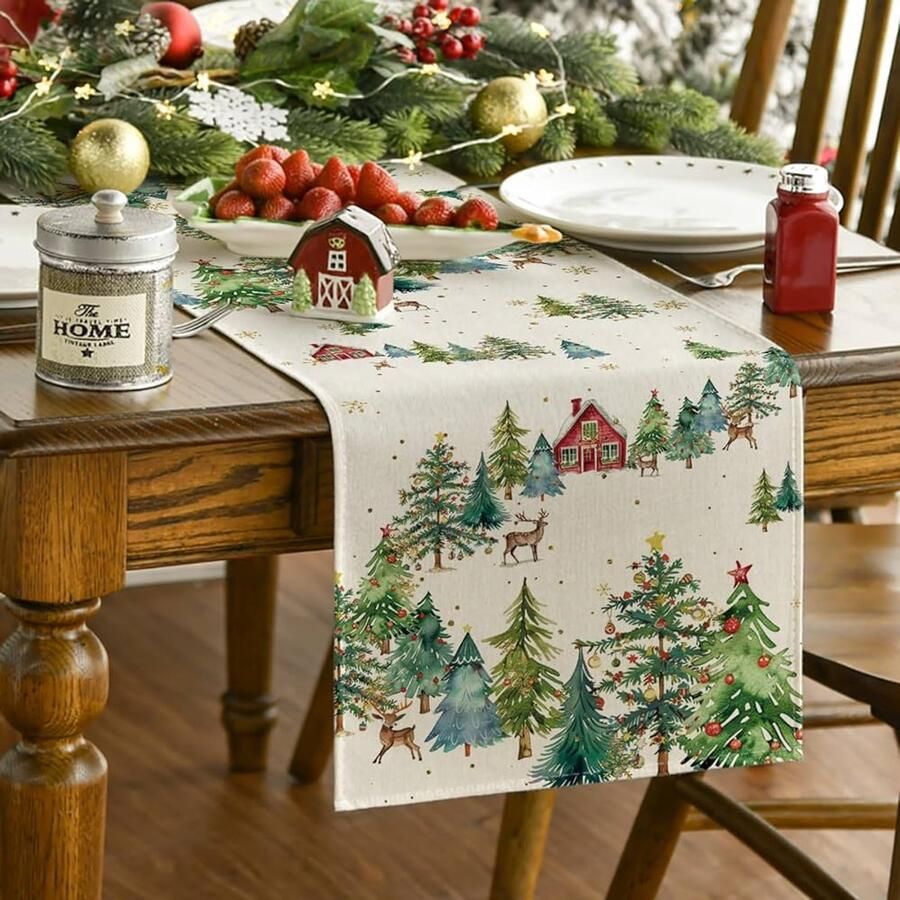 Tafelloper met rendier en sneeuwvlokken beige groen polyester 40 x 140 cm