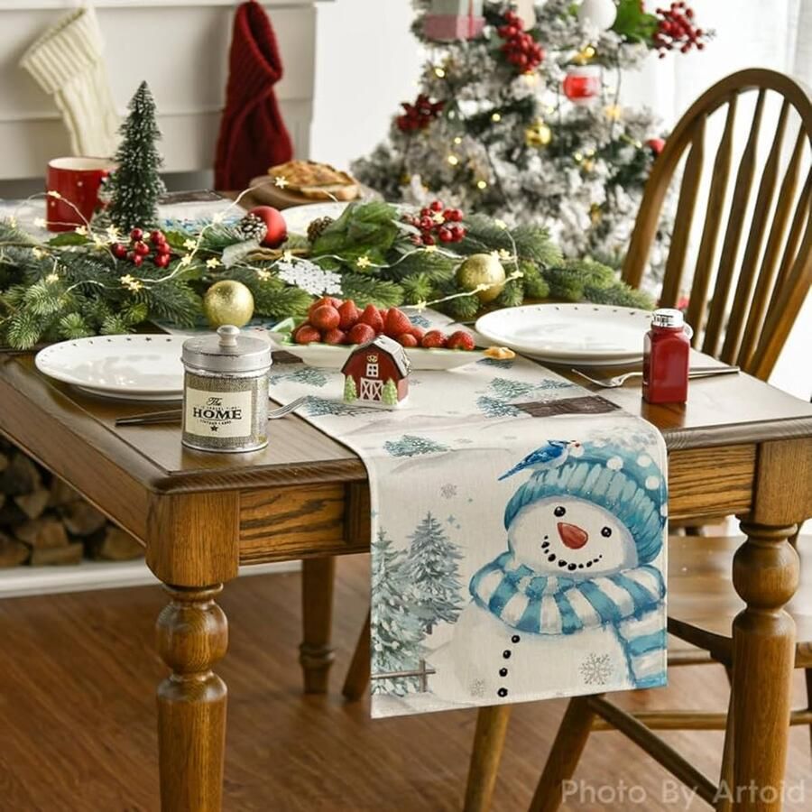 Tafelloper met sneeuwpop winterdecoratie 1 stuk blauw polyester 40 x 100 cm