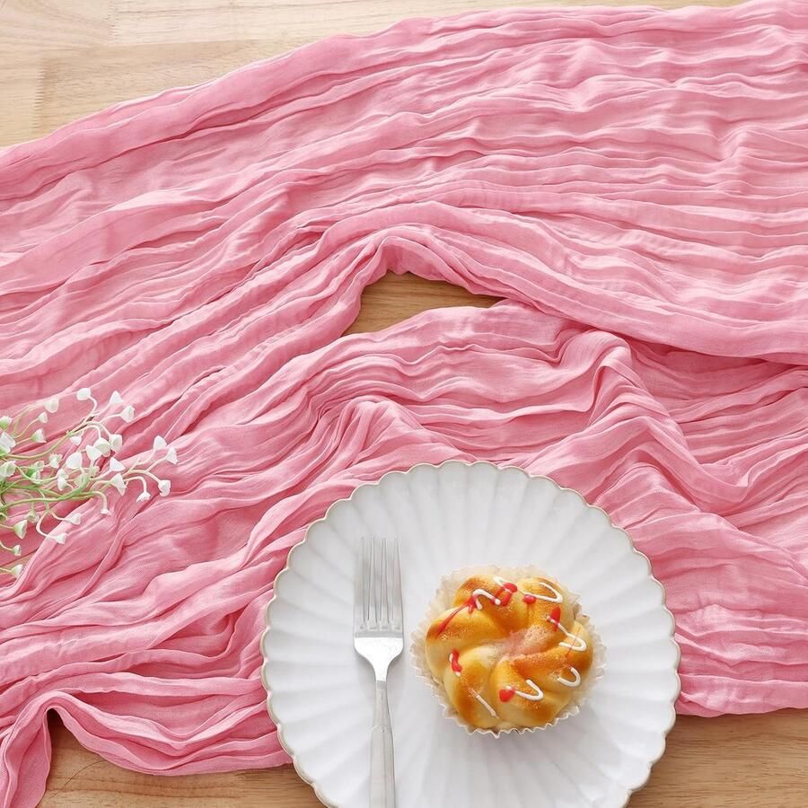 Tafelloper modern boho elegante tafeldecoratie 1 stuk roze mousseline 90 x 300 cm