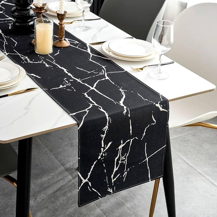 Tafelloper Modern Zwart Wit Abstract Marmer Textuur 1 stuk Polyester 33 x 183 cm