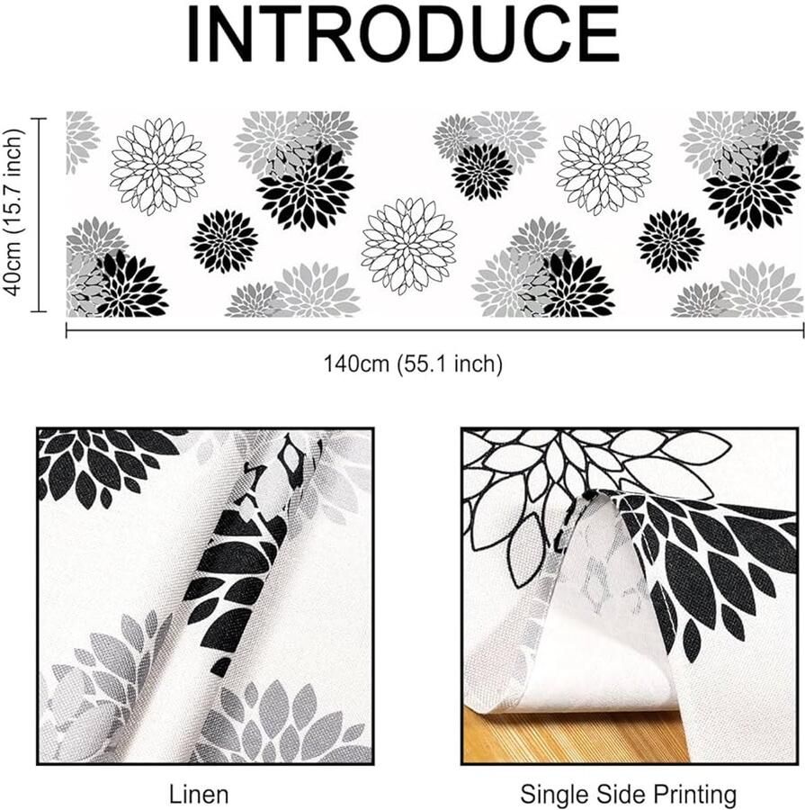 Tafelloper zwart grijs linnen dahlie stijlvolle tafeldecoratie 1 stuk 40 x 140 cm