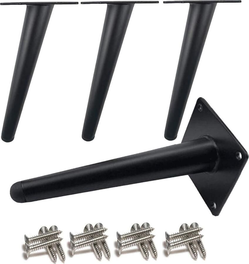 Goodivery 4 stuks schuine tafelpoten metalen kastpoten kegelvormige meubelpoten roestvrij staal zwart gelakt 15 cm hoogte no-slip stille vervanging voor banken tafels en andere meubelpoten