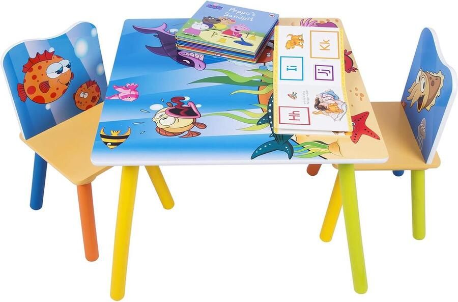 Tafels en stoelen voor kinderen -1 kindertafel + 2 stoelen met Ocean print motief voor kinderen