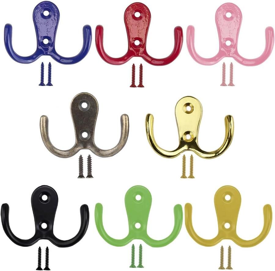 Taiyyi 8 stuks kleurrijke kapstokhaken vintage dubbele wandhaken kapstokhaken vintage met schroeven kapstokhaken voor badkamer keuken kantoor deur slaapkamer kledingkast