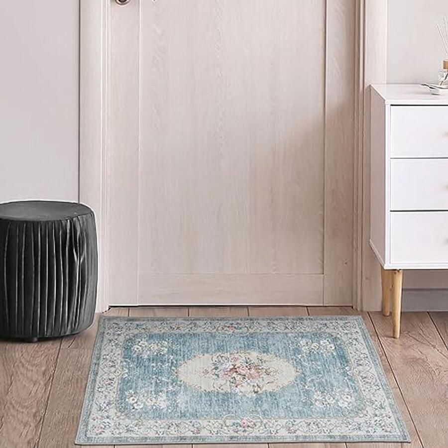 TALETA deurmat wasbare binnenkant dunne deurmat kleurrijk klein tapijt vintage bedkleed antislip voor slaapkamer vloermatten voor voordeur keuken hoek voor het bed blauw 50 x 80 cm