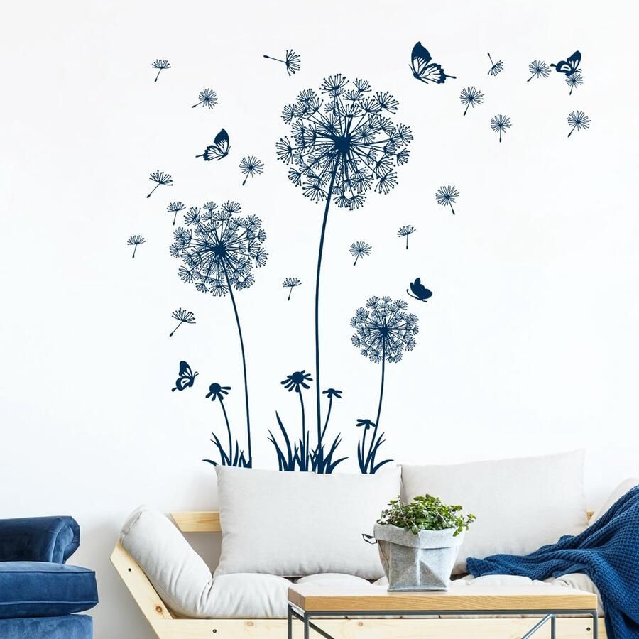 Tanlaby Blauwe Paardenbloem Muurstickers Bloemen Muursticker Paardenbloem Vlinders Muurstickers voor Woonkamer Slaapkamer Kantoor Bank Achtergrond Thuis Muurdecoratie