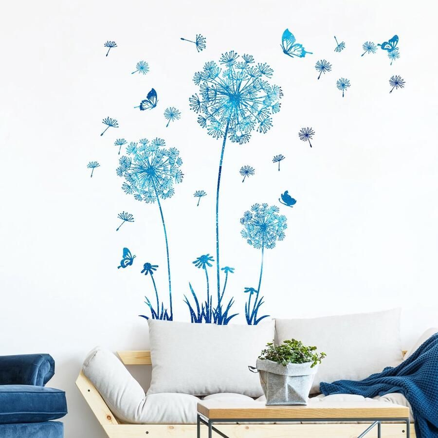 Tanlaby Paardenbloem Muurstickers Blauwe Bloemen Muursticker Paardenbloem Vlinders Muurstickers voor Woonkamer Slaapkamer Kantoor Bank Achtergrond Thuis Muurdecoratie