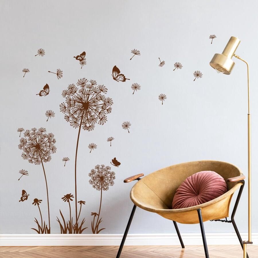 Tanlaby Paardenbloem Muurstickers Bloemen Muursticker Paardenbloem Vlinders Muurstickers voor Woonkamer Slaapkamer Kantoor Bank Achtergrond Thuis Muurdecoratie (Bruin)