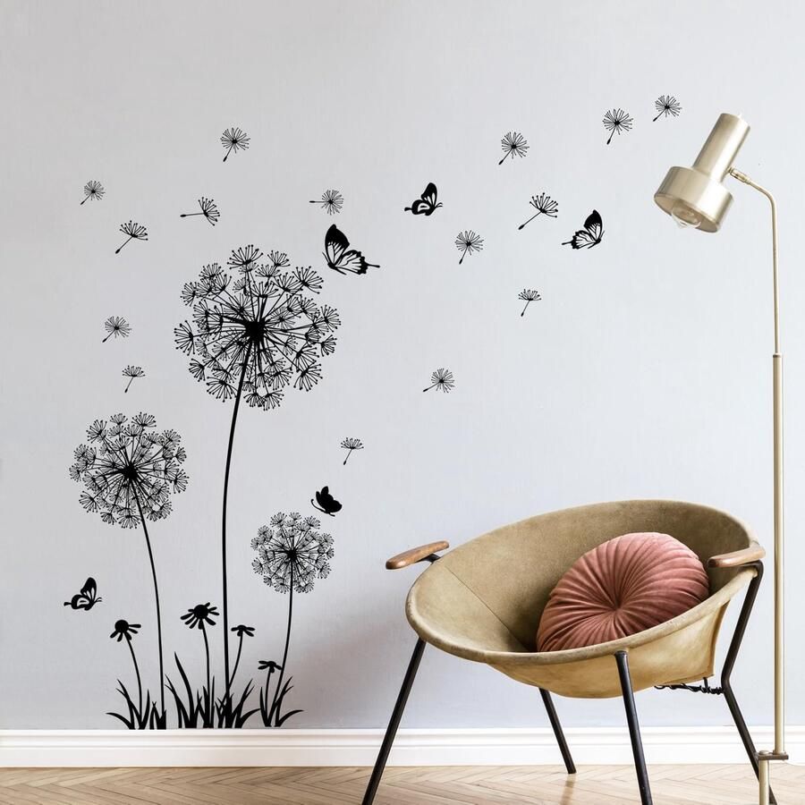 Tanlaby Paardenbloem Muurstickers Zwarte Bloemen Muursticker Paardenbloem Vlinders Muurstickers voor Woonkamer Slaapkamer Kantoor Bank Achtergrond Thuis Muurdecoratie