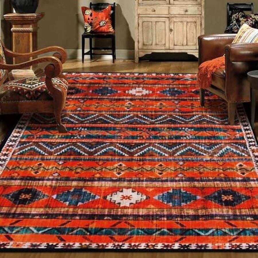 Tapijt 80 x 160 cm laagpolig tapijt antislip onderkant geometrie-strependesign diep oranjegeel klassiek vintage woondecoratie voor slaapkamer eetkamer keuken entree