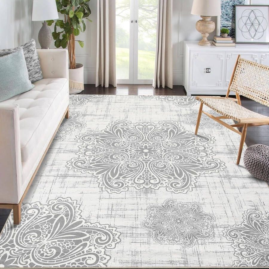 Tapijt grijs voor woonkamer bloementapijt machinewasbaar vintage vloermat met laagpolig antislip vuilafstotend groot binnentapijt lichtgrijs 200 x 290 cm
