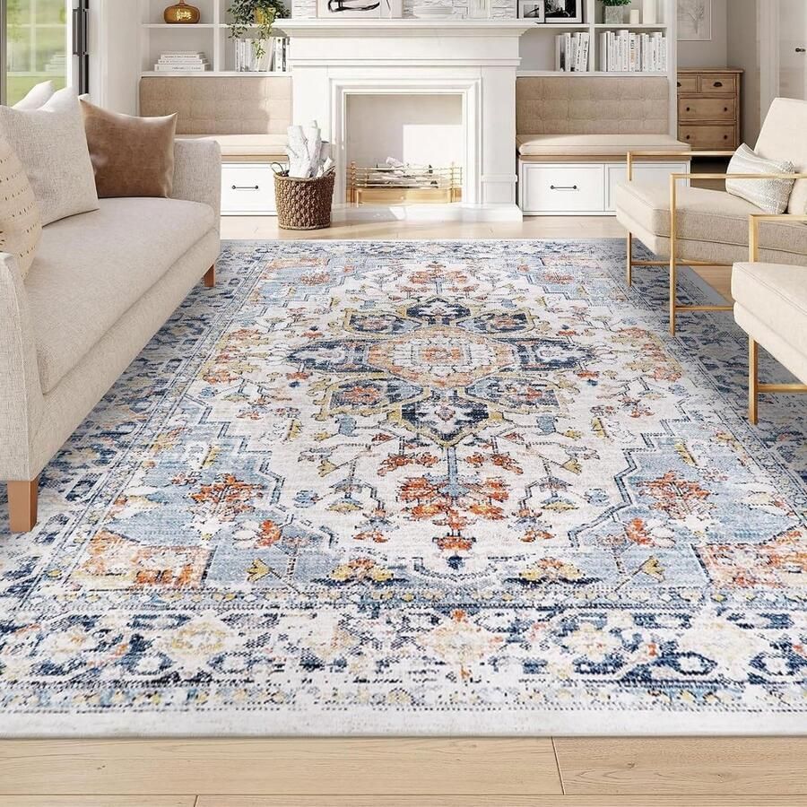 Tapijt Groot 200x290cm Vintage Blauw Wasbaar en Antislip Voor Woonkamer en Slaapkamer Zacht Vloerkleed Geschikt voor Kantoor Eetkamer en Kinderkamer