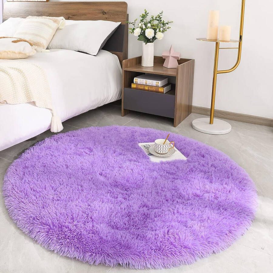 Tapijt rond woonkamer super zacht langharig wollig tapijt voor een comfortabele plek in de woonkamer en slaapkamer fluffy vloerkleed voor kinderen (paars 150 x 150 cm)