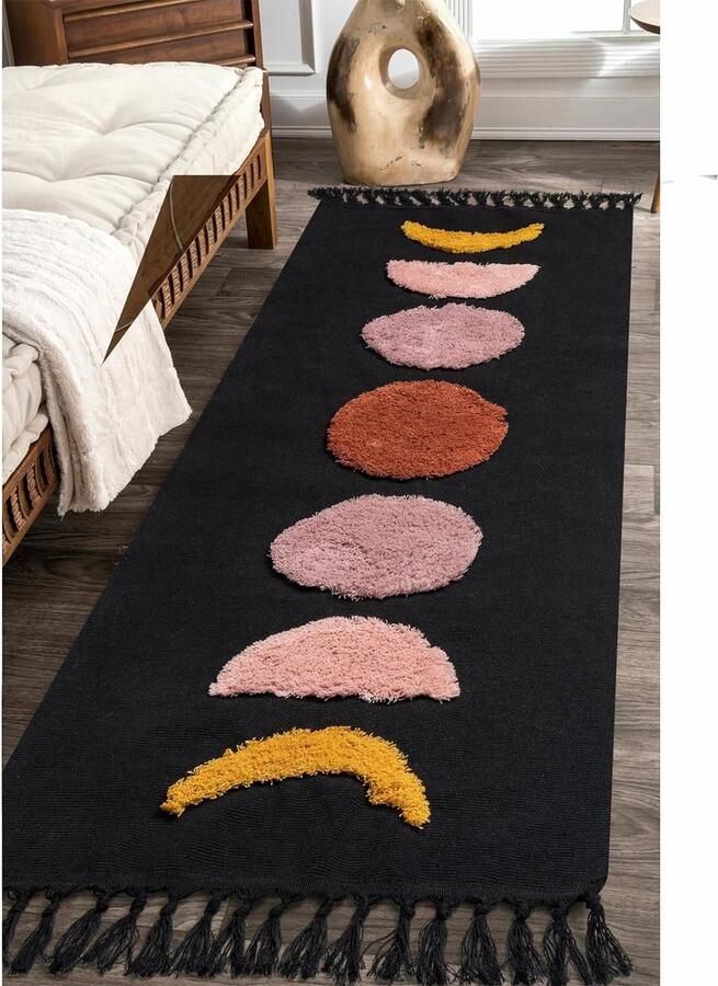 Tapijt Runner Hal 60 x 130 cm Boho Black Moon getuft katoenen tapijt met geweven kwastjes wasbaar tapijt voor badkamer keuken woonkamer slaapkamer hal eetkamer - Foto 2