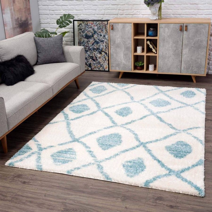 Tapijt Shaggy hoogpolig etnische stijl 120x160 cm blauw crème moderne woonkamertapijten