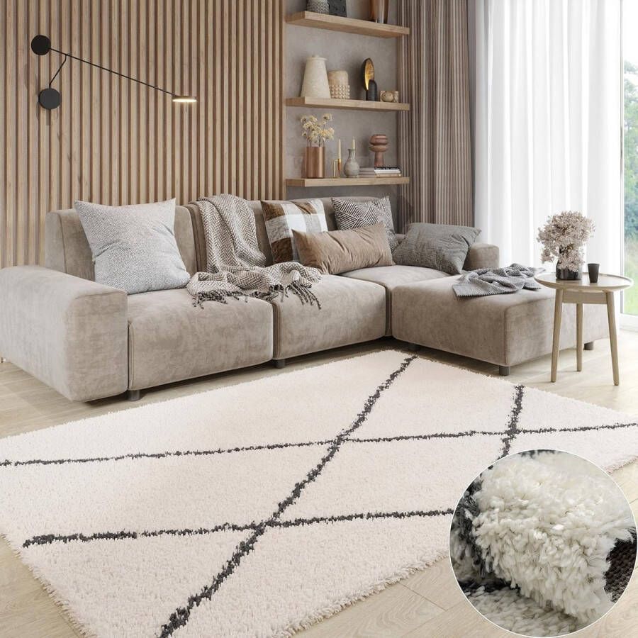 Tapijt Shaggy Luxe rechthoekig crème wit 180 x 120 cm woonkamer langpolig antislip pluizig zacht modern effen patroon slaapkamer Skandi ruitpatroon
