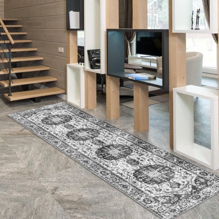 Tapijt vlek- en waterbestendig vuilafstotend versleten look met bloemen voor hal slaapkamer woonkamer keuken wasbaar vintagelook 60 x 230 cm grijs