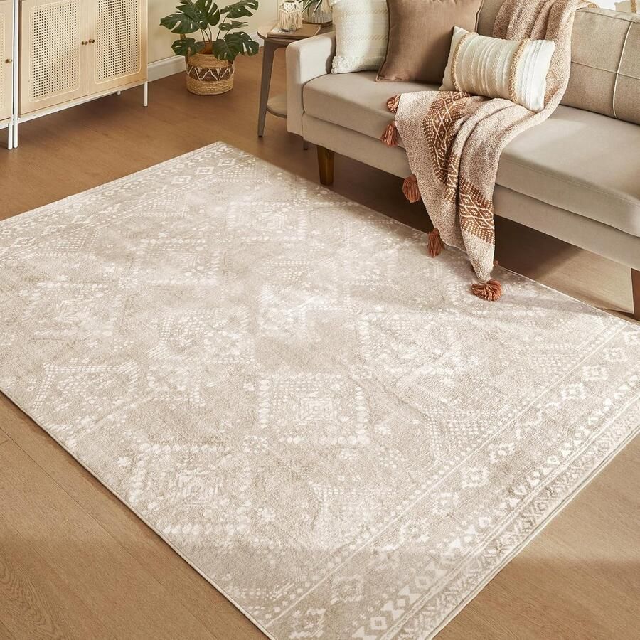 Tapijt vloerkleed 160 x 230 cm woonkamertapijt antislip tapijt laagpolig wollig decoratie voor woonkamer slaapkamer machinewasbaar boho-stijl cappuccinobeige