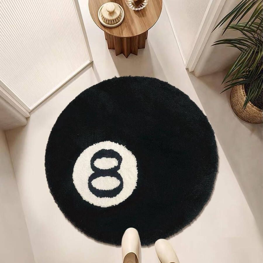 Tapijt voor 8 ballen vloerkleden zwart-wit voor 8 ballen gevlokt antislip wasbaar zacht cirkelvormige tapijten voor woonkamer eetkamer slaapkamerdecoratie (100 c)