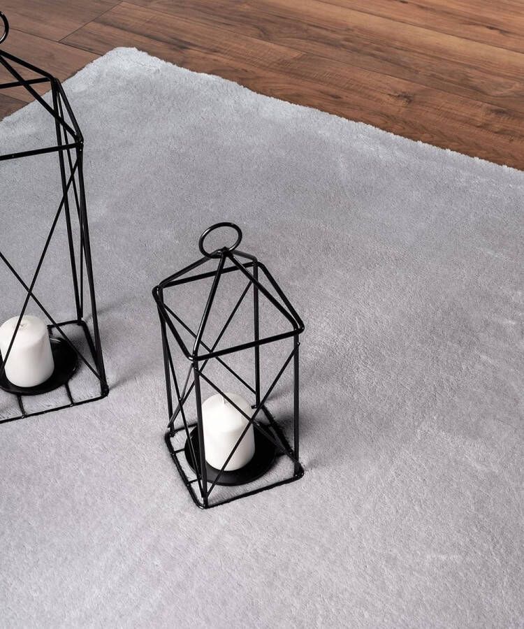 Tapijt woonkamer grijs 120x120 cm rond modern zacht effen pluizig laagpolig (19 mm) antislip wasbaar tot 30 graden 100% polyester 15 cm