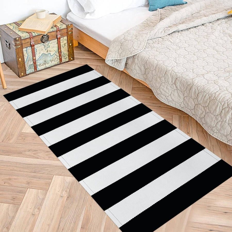 Tapijtloper 60 x 180 cm gang loper wasbaar modern zwart en wit strepen outdoor absorberend geweven tapijt deurmat voor slaapkamer keuken kantoor kinderkamer