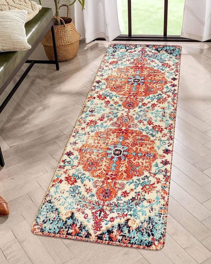 Tapijtloper Hal 60 x 180 cm Boho Bloemenmedaillon Oosters Distressed Antislip Wasbaar Imitatiewol Laagpolig Keukenloper voor Entree Keuken Nachtkastje Wasruimte