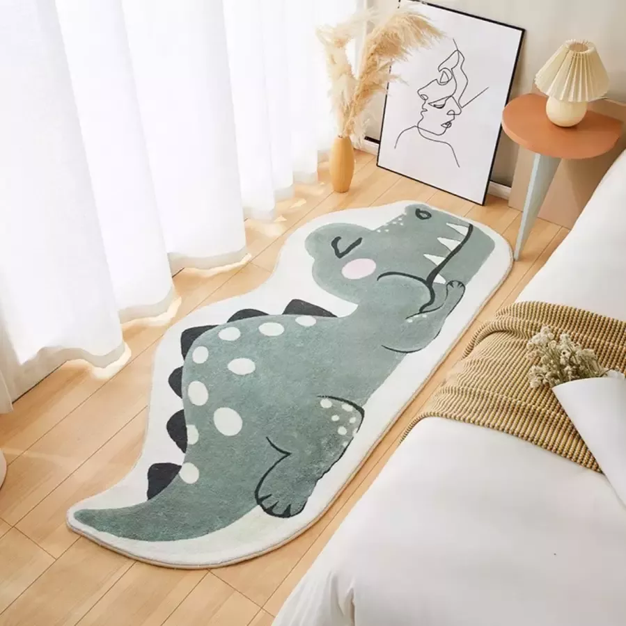 Tapijt Vloerkleed Kinderkamer dino Dinosaurus Groen 80x200cm Bamboe stof duurzaam mileuvriendelijk makkelijk schoon te maken educatief anti-slip