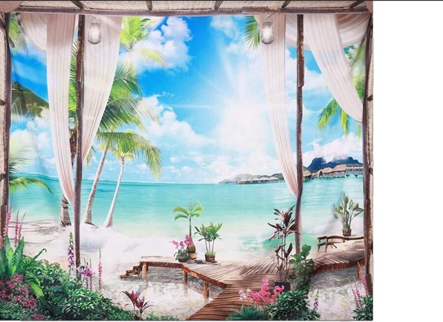 Tapijtwerk slaapzaal achtergronddoek Wandkleed 130*150cm strand aan zee slaapbank handdoek zitdeken thuis schilderen decoratie Polyester blauw