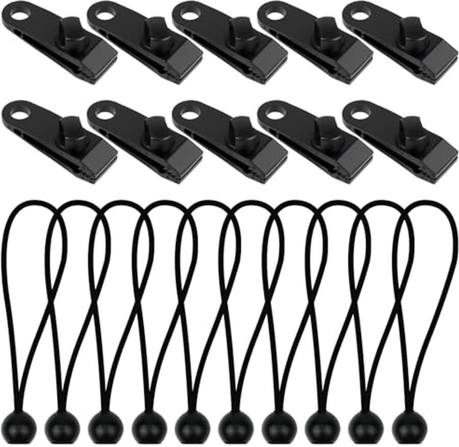 Tarp Clips Set voor Tentbevestiging 20 Stuks Bevestigingsmiddelen met Bungee Koorden voor Kamperen en Picknicken