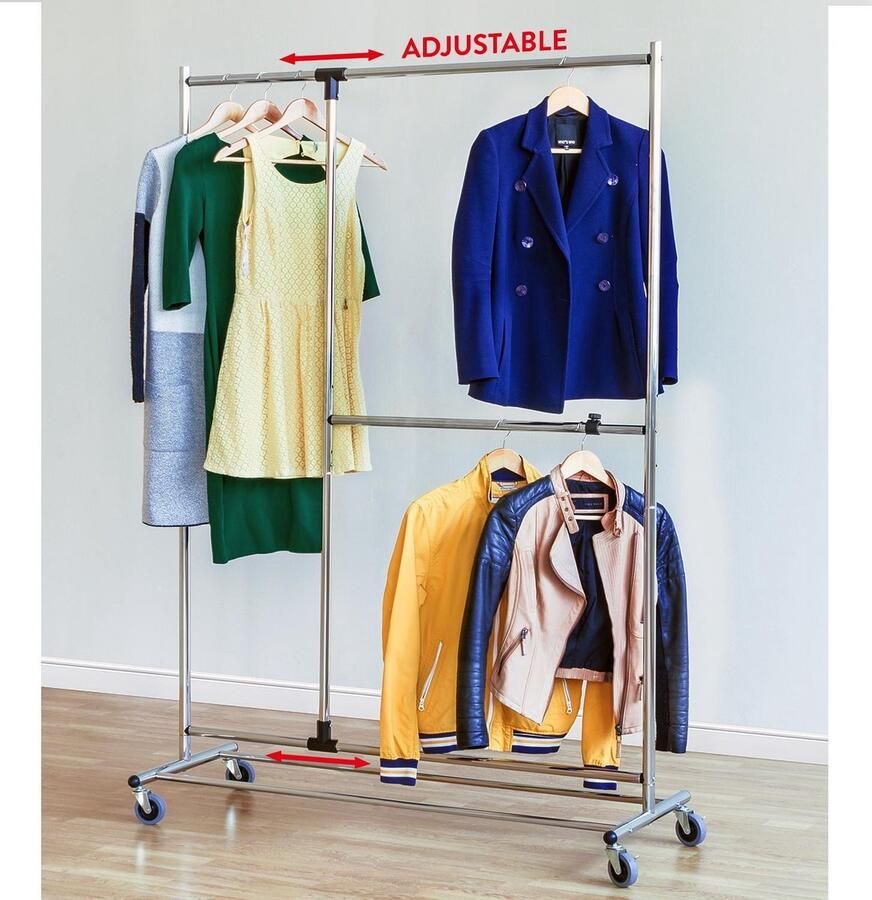 Tatkraft MARVEL Verstelbare Kledingrek Met Dubbele Stangen Breedte Verstelbaar Verchroomd Op Wielen