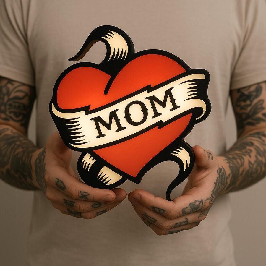 Tattoo Heart Mom Lightbox – LED Wandlamp – Origineel Cadeau voor Tattoo Lover of Studio Leeslampje Kinderen Cadeau Jongen Meisje of Baby Muur Decoratie Kunst Kinderkamer Babykamer Origineel Kraamcadeau of Geboorte Cadeau Wanddecoratie