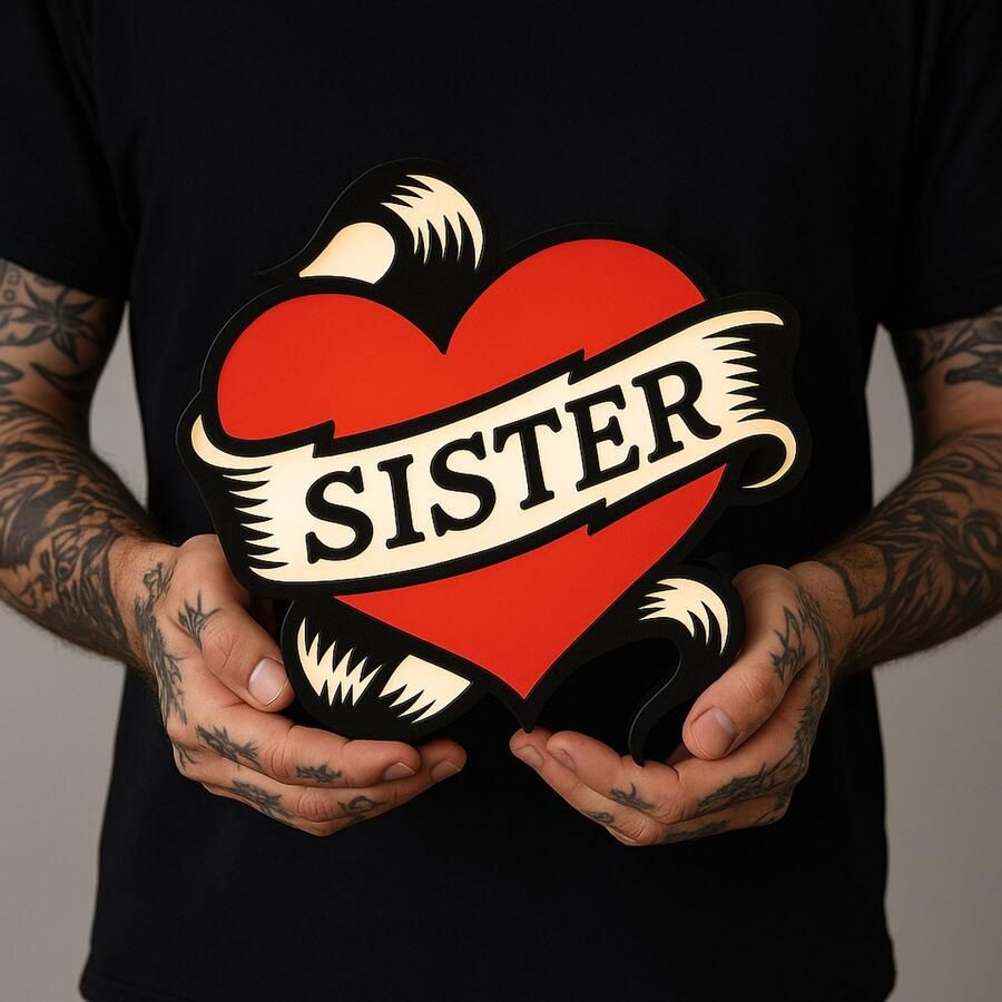 Tattoo Lightbox Hart Sister – LED Lamp Wanddecoratie – Uniek Cadeau voor Zusje – Tattoo Stijl 3D Geprint – Sfeervolle Studio Lightbox Leeslampje Kinderen Cadeau Jongen Meisje of Baby Muur Decoratie Kunst Kinderkamer Babykamer Origineel