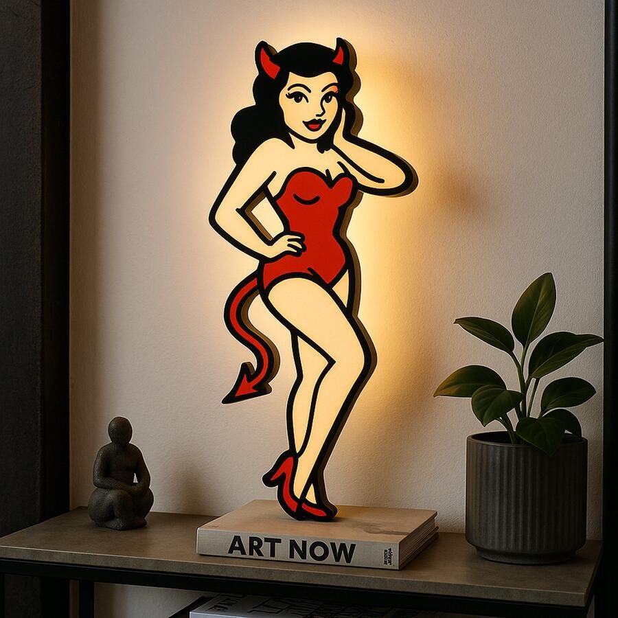 Tattoo Lightbox Pin Up Girl Devil – LED Wandlamp Old School Tattoo Stijl – Origineel Cadeau voor Tattoo Artiest of Studio Decor Leeslampje Kinderen Cadeau Jongen Meisje of Baby Muur Decoratie Kunst Kinderkamer Babykamer Origineel