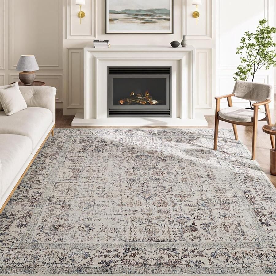 Taupe Vloerkleed 240 x 300 cm Indoor Vintage Woonkamertapijt Wasbaar Distressed Tapijt Bloemen Slaapkamertapijt Retro Accent Good Tapijt Voor Kantoor Eetkamer Kinderkamer