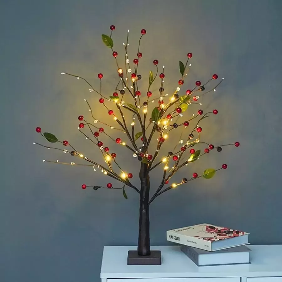 Xtraworks Kunstmatige Rode Fruitboom Lamp Flexibele LED Verlichting Sfeerlicht voor Woonkamer en Slaapkamer Batterijbediening 33cm x 54cm x 10cm
