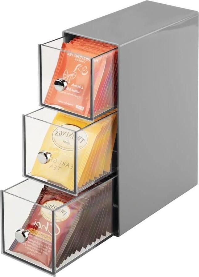 Tea Box Chest of Drawers Storage Box Organizer for Different Types of Tea Bags Coffee Pods Sweets Handy Sturdy Grey Transparent