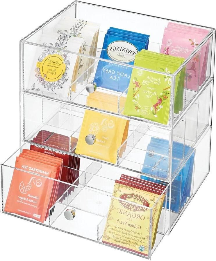 Tea box organizer storage with 27 compartments and 3 drawers clear plastic