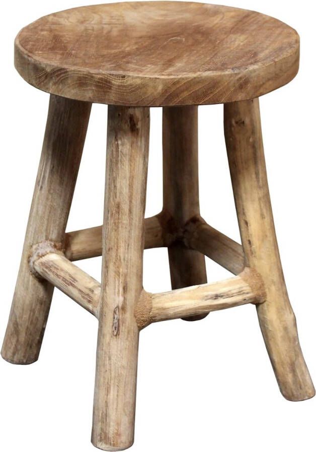 Teak bloemenkruk 26 x 20 cm rond natuur groot houten plantenkruk met 4 poten echt hout decoratief massief hout bloemen planten standaard