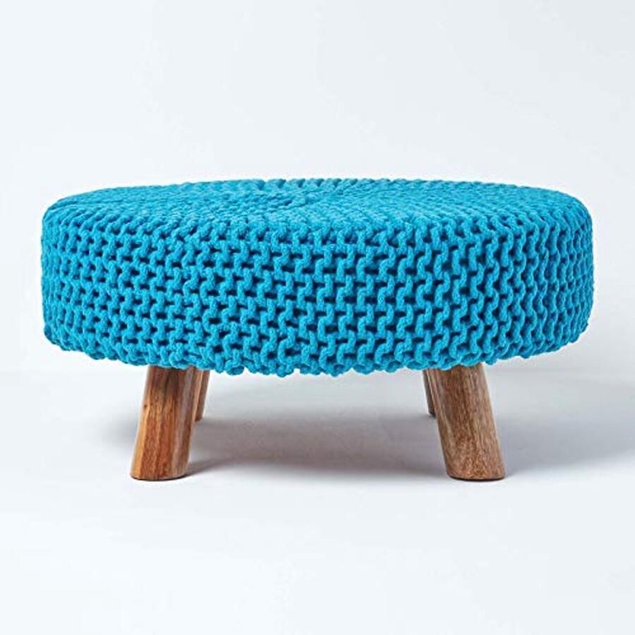 Teal Blue Gebreide Poef Comfortabele Zithulp voor Woonkamer Kinderen en Ouderen